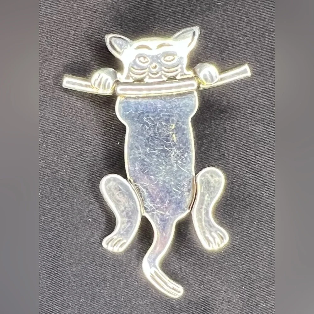 Vintage Cat Kitty Hanging from a Branch Silver Plated Brooch / Pin